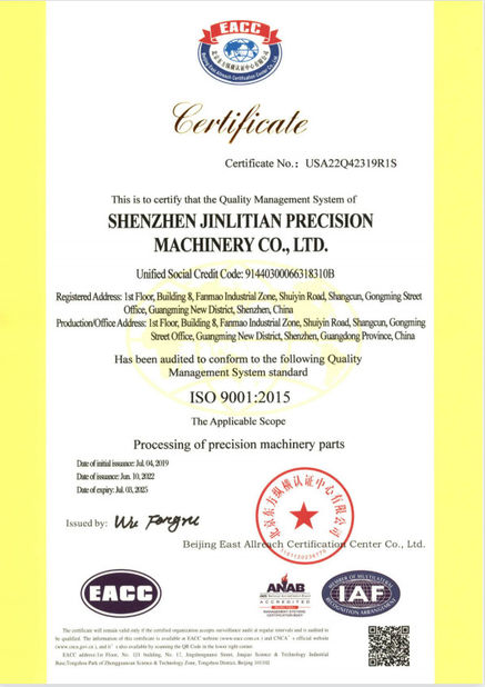 Trung Quốc Shenzhen Jinlitian Precision Machinery Co., Ltd. Chứng chỉ